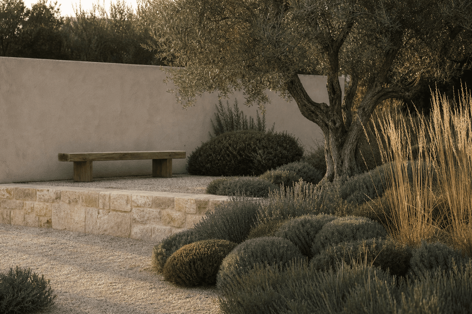 A finished dry garden at dusk: a low limestone terrace wall, an oak bench, an olive tree, clipped santolina mounds and tall grasses in warm light.