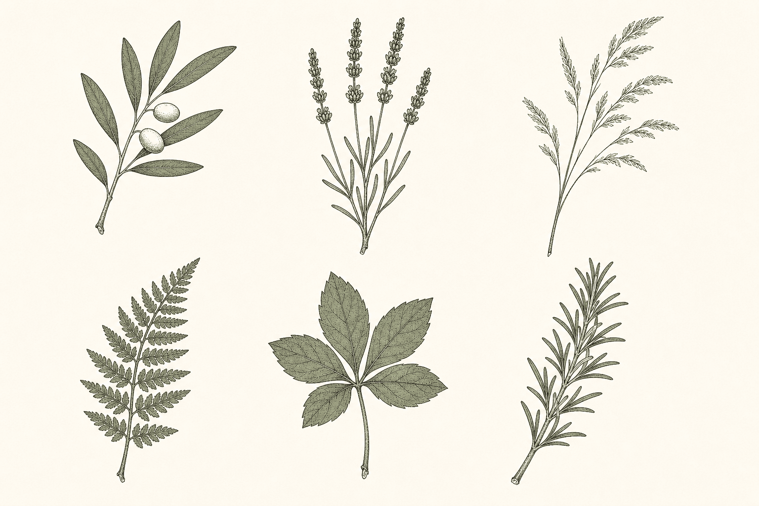 A botanical plate: six plant specimens drawn in fine ink line and green wash — olive, lavender, ornamental grass, fern, hellebore leaf and rosemary.