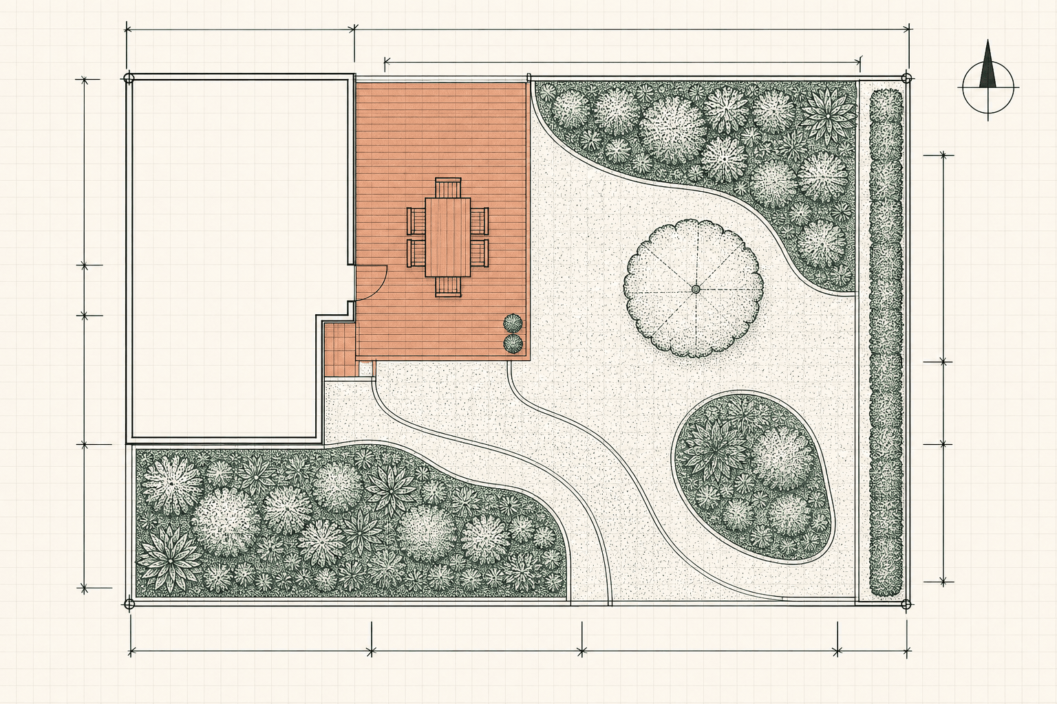 A landscape architect's site plan of a residential garden: terrace, gravel path, planting beds, a tree and a hedge, with dimension lines.
